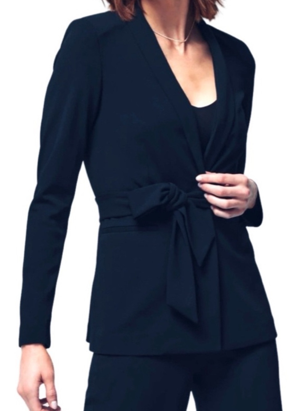 WHBM Belted Slip On Blazer Stretch Knit Jacket Dark Blue Size S